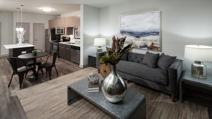 a living room and kitchen area with gray furniture at The Anatole at  Pines